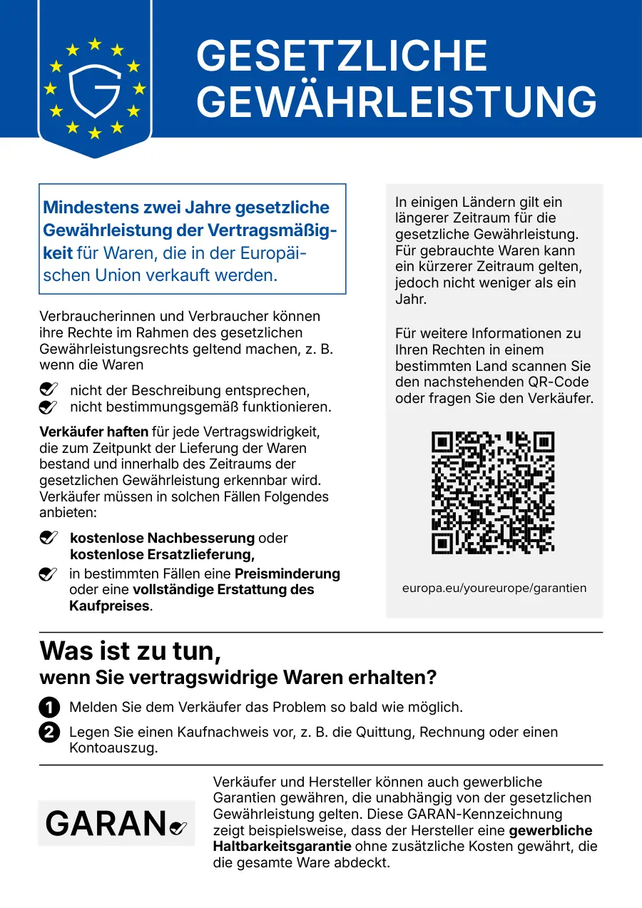 EU-Hinweis Gesetzliche Gewährleistung: mindestens zwei Jahre gesetzliche Gewährleistung für Waren, die in der Europäischen Union verkauft werden