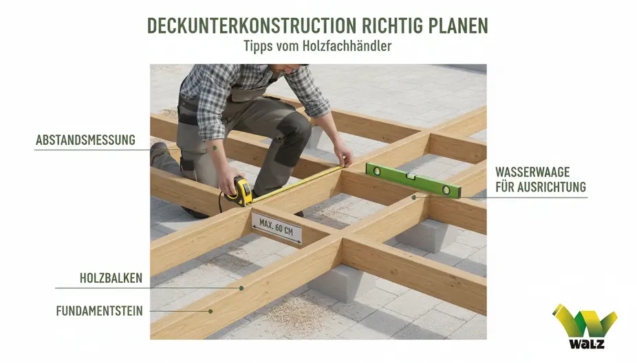 Nahaufnahme einer Terrassen-Unterkonstruktion mit Pads, Schrauben und Dielenfugen