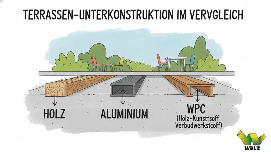 Terrassen-Unterkonstruktion mit gleichmäßigen Balkenabständen, Gefälle vom Haus weg und zusätzlichen Auflagepunkten an den Dielenstößen