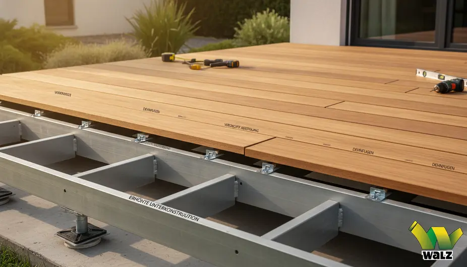 Schematische Draufsicht einer Terrasse mit 5 mm Dielenfuge, Randabstand zur Hauswand, doppelter Unterkonstruktion am Stoß und Gefällerichtung zum Garten