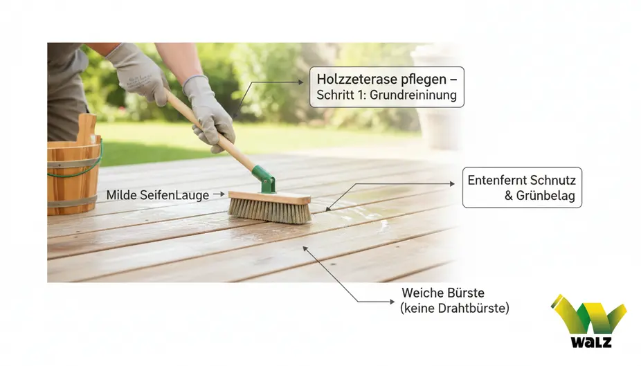 Fachliche Prüfung einer Holzterrasse mit Blick auf Dielen, Fugen und Unterkonstruktion