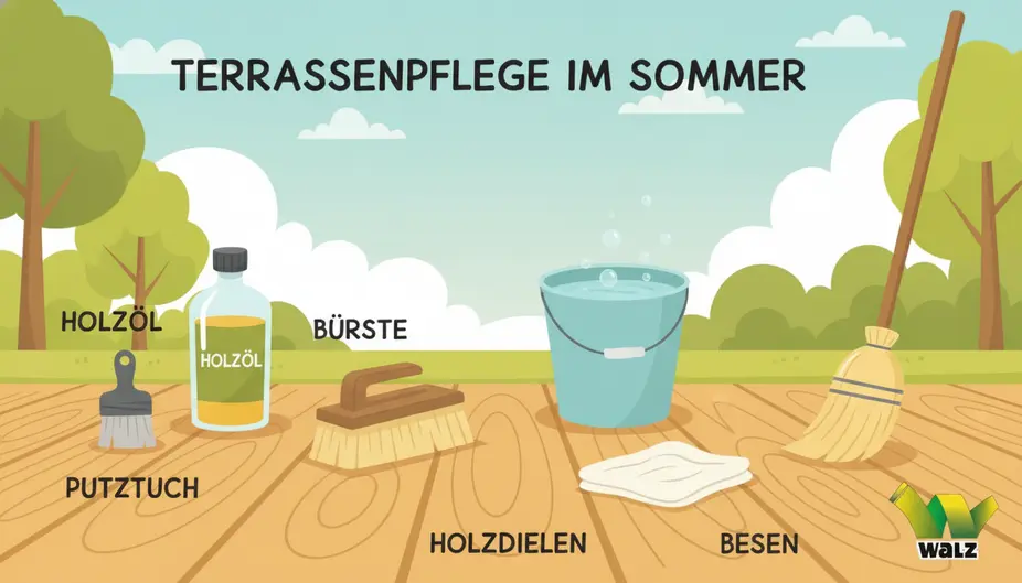 Holzterrasse im Sommer mit Schrubber, Wasserschlauch und freigeräumter Fläche vor der Reinigung