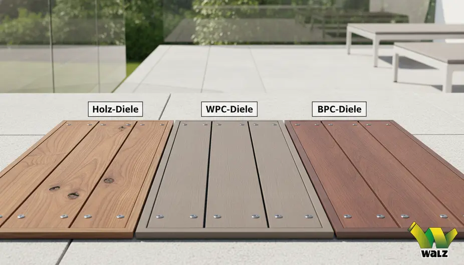 Vergleich von Holz-, WPC- und BPC-Terrassendielen mit Pflegeaufwand, Ölbedarf und Fleckenempfindlichkeit