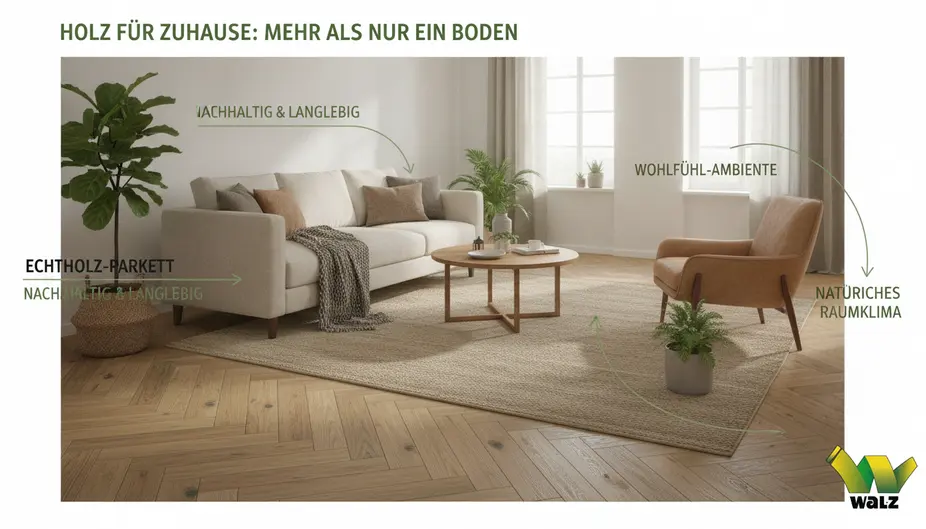 Ein gemütliches Wohnzimmer mit großflächigem Eichenparkett und warmem Sonnenlicht