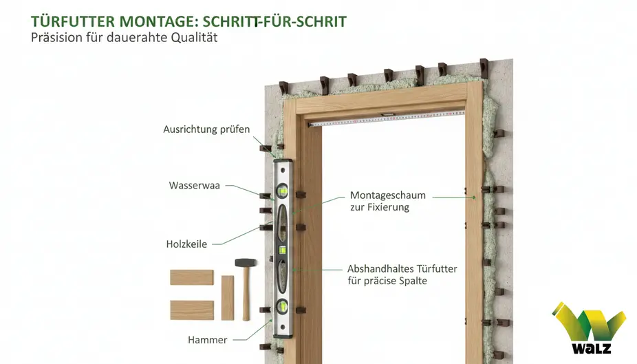 Vormontierte weiße Zarge auf einer geschützten Unterlage mit sichtbarer Gehrung und Werkzeug