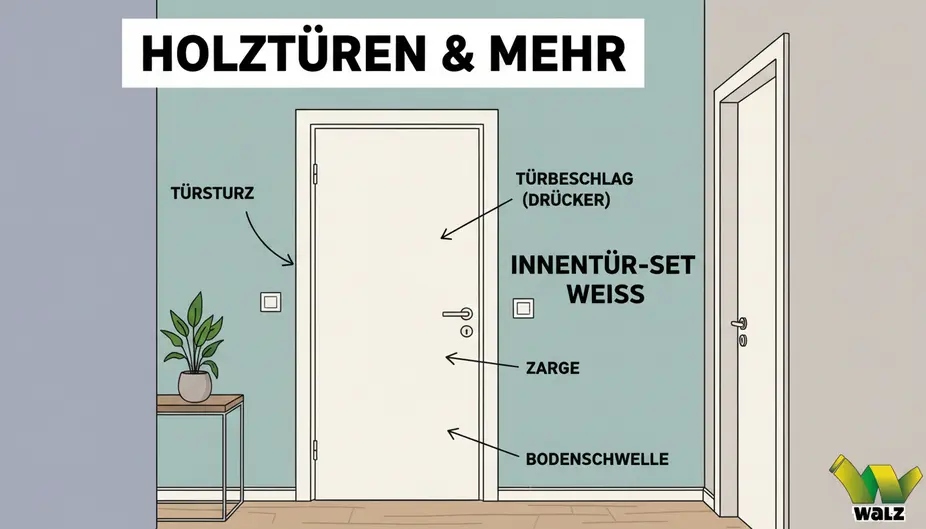 Schematische Darstellung einer eingesetzten Zarge mit drei Türspreizen, Keilen und punktweise eingebrachtem Montageschaum