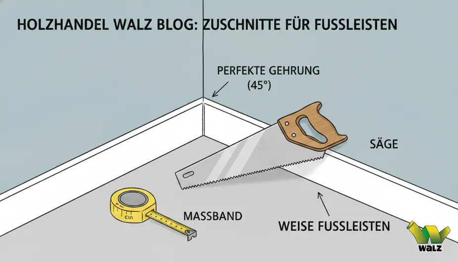 Querschnitt einer geklebten Sockelleiste mit Wand, Kleberaupe, Bodenbelag und Dehnfuge