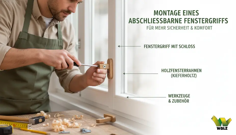 Beratungssituation im Holzfachhandel mit Fenstergriff, Beschlagmuster und Notizzettel