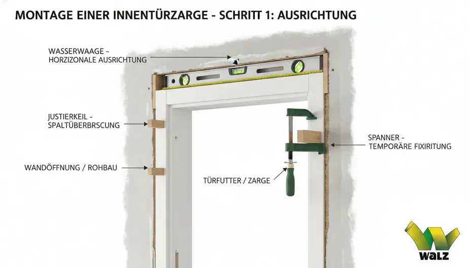 Moderne weiße Zimmertür mit passender Zarge in einem hellen Flur