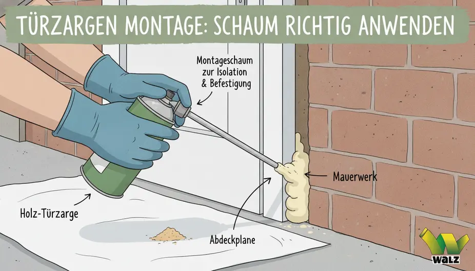 Vormontierte Türzarge auf einer Schutzdecke mit sichtbaren Gehrungen, Exzentern und Holzleim