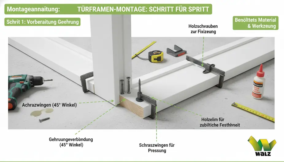 Fachgerecht gesetzte Türspreizen in einer Holzzarge vor dem Ausschäumen