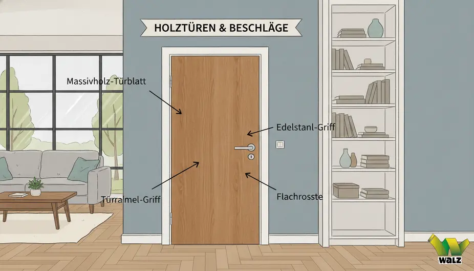 Geöffnete Innentür mit bereitgelegtem Werkzeug, Drückergarnitur, Vierkantstift, Rosetten und Schrauben auf einem hellen Tuch