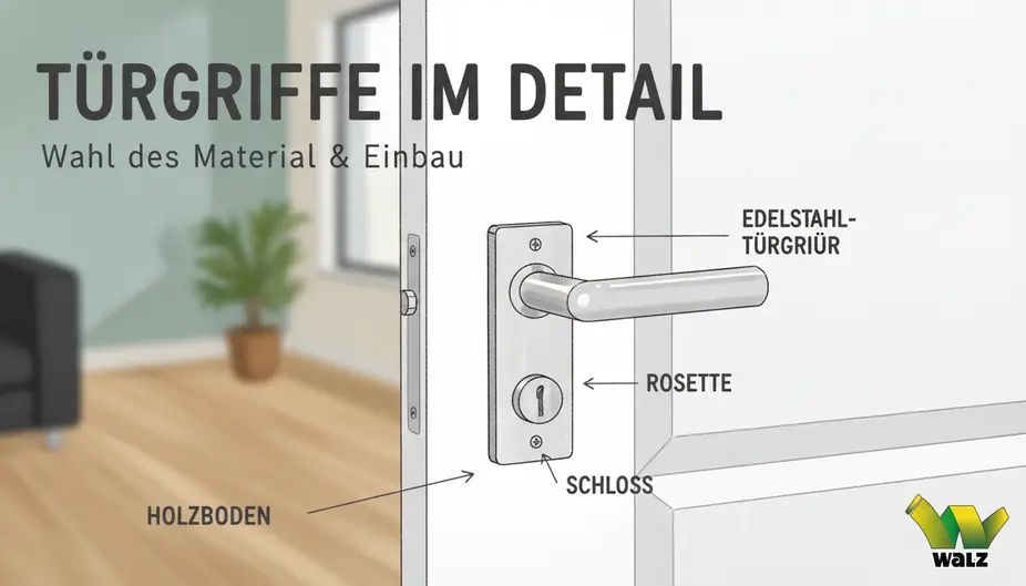 Vergleich einer modernen Rosettengarnitur mit separater Drücker- und Schlüsselrosette neben einer klassischen Langschildgarnitur auf einer weißen Zimmertür