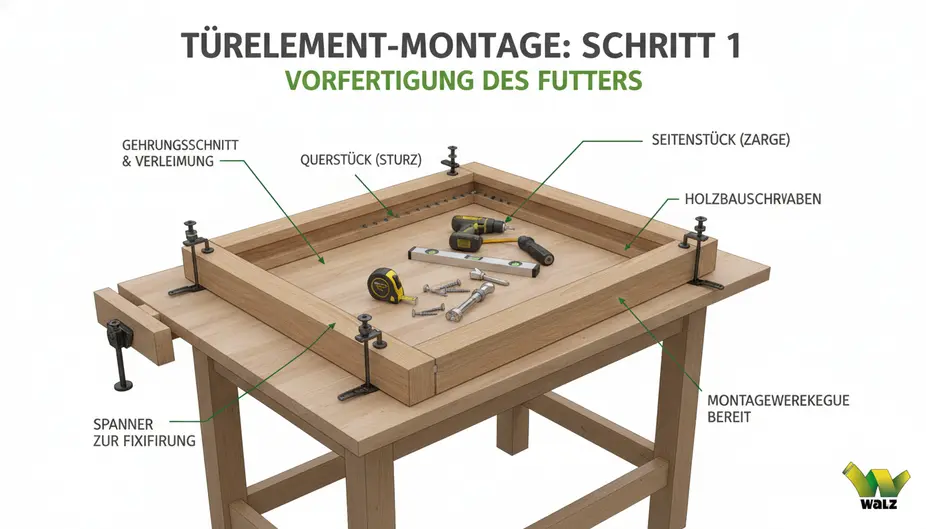 Vormontierte Holzzarge auf einer weichen Unterlage mit sauber ausgerichteter Gehrung und bereitgelegten Verbindern