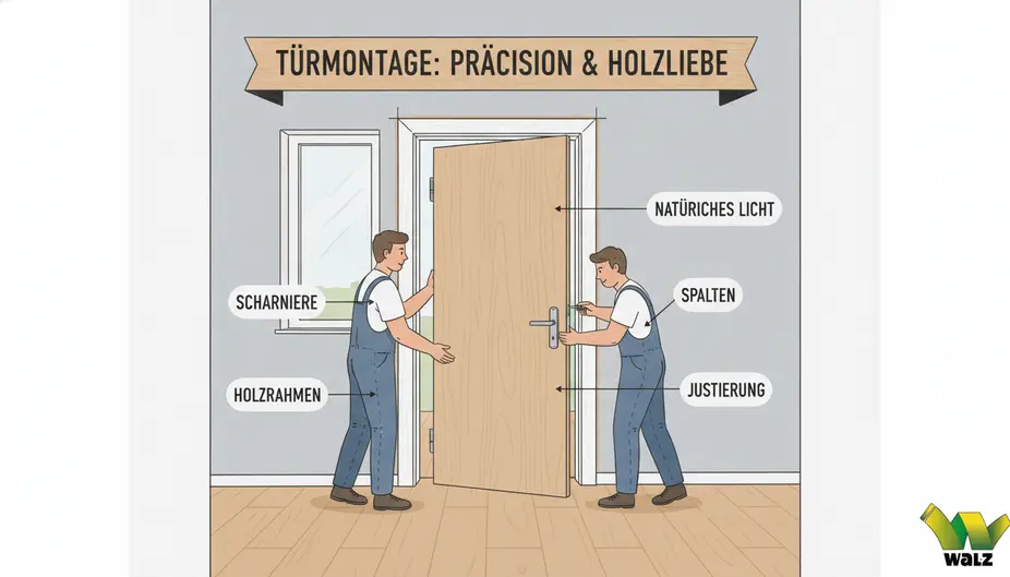 Gleichmäßige Falzluft an einer Zimmertür mit Markierung von oberem Spalt, seitlichem Spalt, Schlossseite, Bandseite und Bodenluft