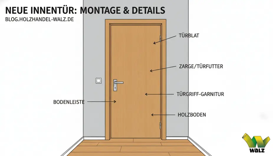 Vormontierte Holzzarge auf weicher Unterlage mit sichtbaren Gehrungen, Exzentern und Holzleim