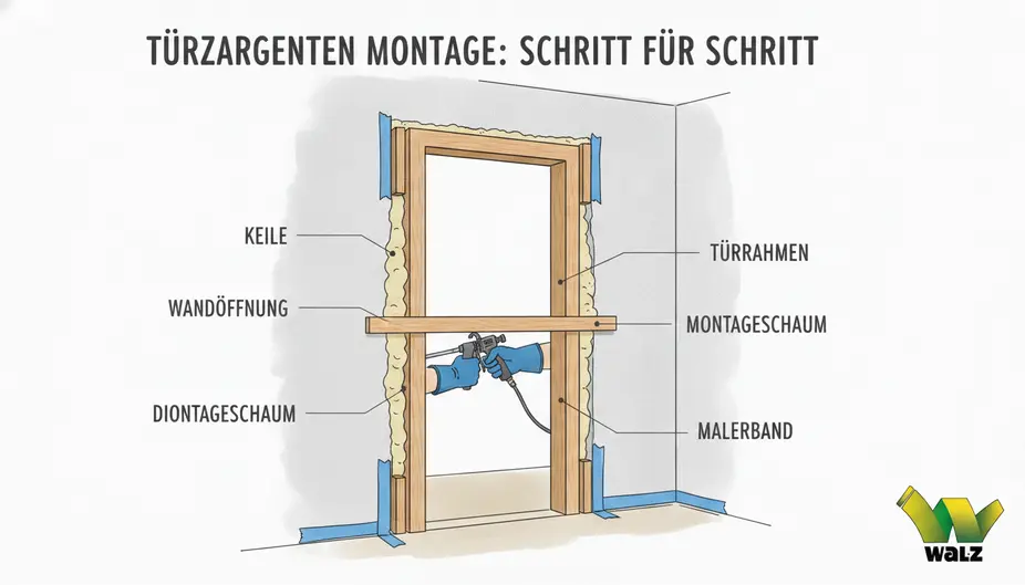 Vormontierte Holzzarge auf einer sauberen Arbeitsfläche mit sichtbaren Gehrungen, Holzleim und Verbindern