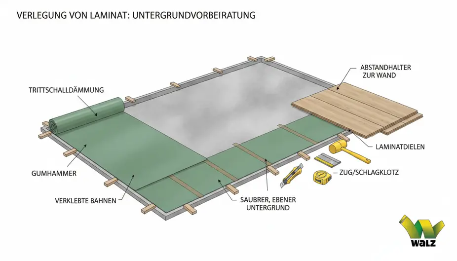 Erste Laminatreihe mit Abstandskeilen an der Wand
