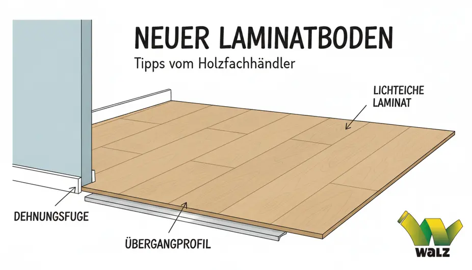 Schematischer Bodenaufbau mit Estrich, wannenartig ausgelegter PE-Folie, Trittschalldämmung, Klick-Laminat und umlaufender Dehnungsfuge von 8 bis 10 mm