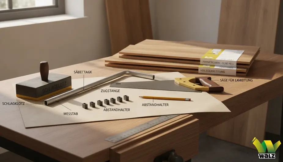 Heimwerker beim Setzen von Abstandskeilen an der Wand während der ersten Laminatreihe, mit sichtbarer Dehnungsfuge und sauberer Trittschalldämmung