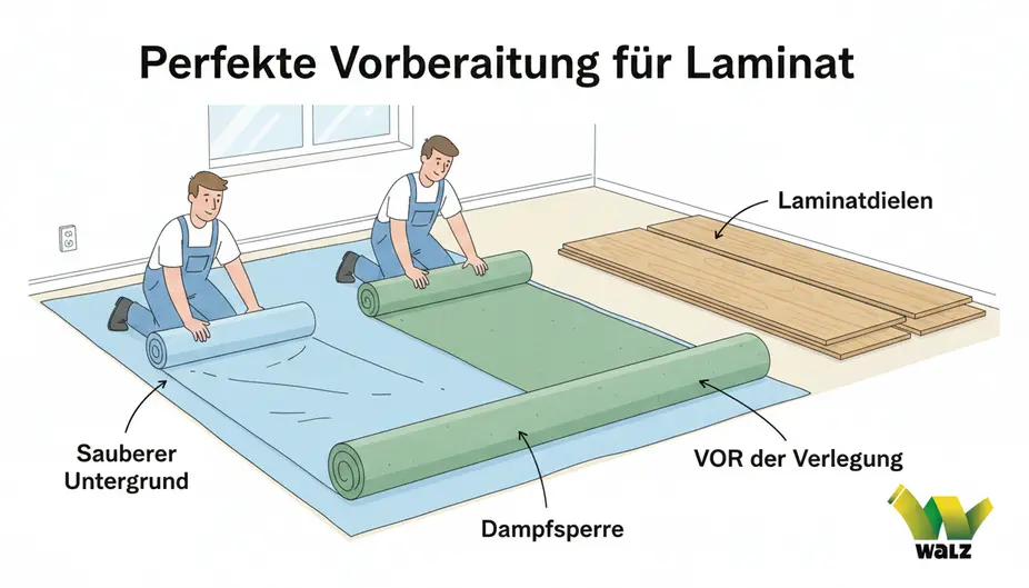 Geschlossene Laminatpakete liegen flach im späteren Wohnraum und akklimatisieren 48 Stunden