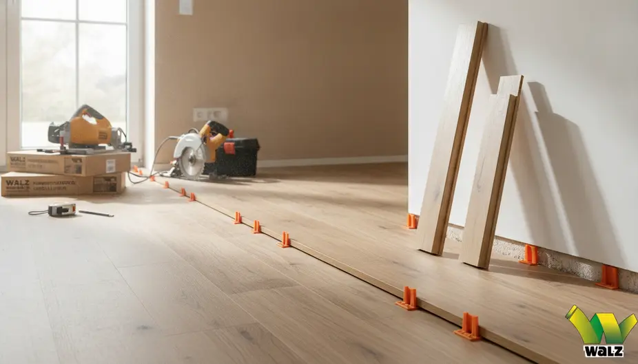 Schematische Darstellung einer Laminat-Verlegung mit Untergrund, PE-Folie, Trittschalldämmung, Klick-Laminat, Dehnungsfuge und Sockelleiste