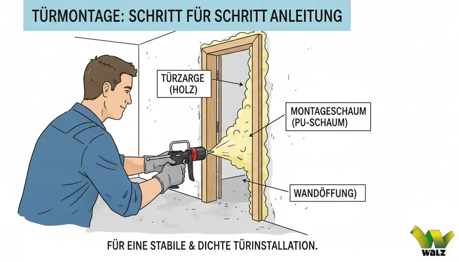 Vormontierte weiße Türzarge auf einer Schutzdecke mit sichtbaren Gehrungen, Exzentern und Holzleim