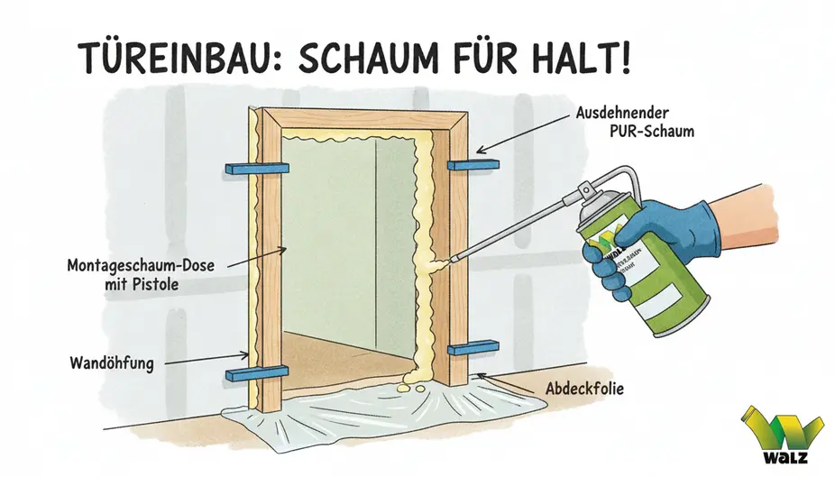 Maßband und Wasserwaage an einer vorbereiteten Wandöffnung vor dem Einbau einer Innentür