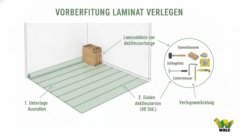 Musterfläche mit Laminat, Sockelleiste, Übergangsprofil und Dämmunterlage