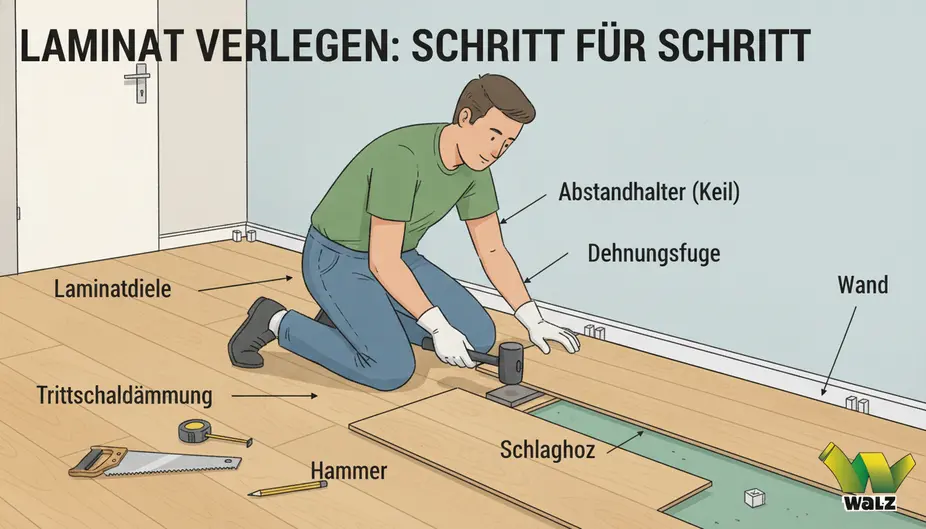 Geschlossene Laminatpakete liegen flach im späteren Verlegeraum und akklimatisieren vor der Montage.