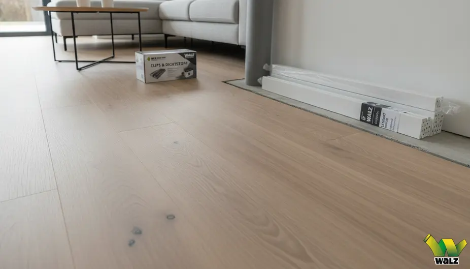 Schematische Draufsicht eines Raums mit 8 bis 10 mm Dehnungsfuge an Wänden, Heizungsrohren und Türdurchgängen