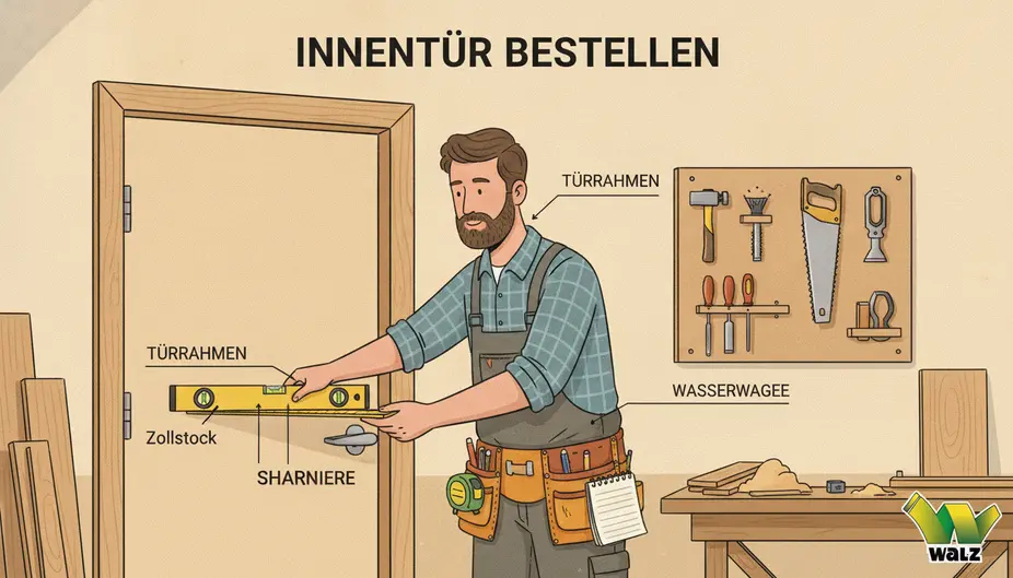 Moderne Innentür mit verdeckt liegenden Bändern in geschlossenem Zustand und Pfeilen zur Zugseite
