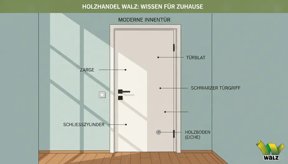 Klassische Innentür mit weißem Türblatt, profiliertem Rahmen und mattem Langschildbeschlag in Edelstahl