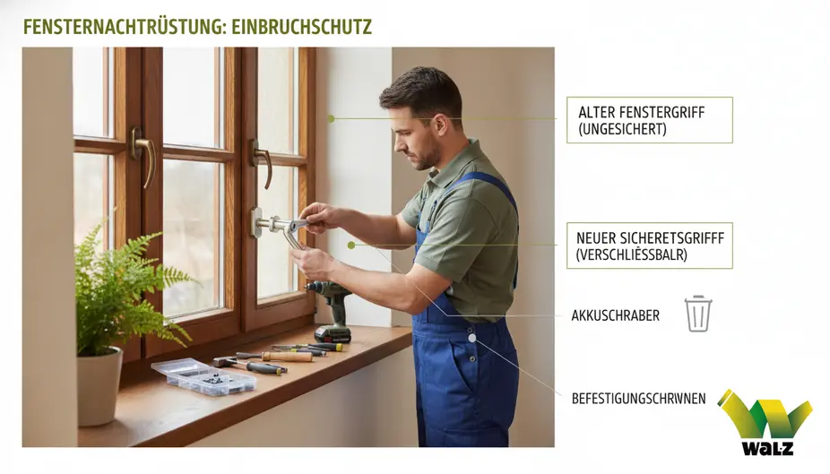 Gleichschließende abschließbare Fenstergriffe an mehreren Fenstern eines Wohnraums