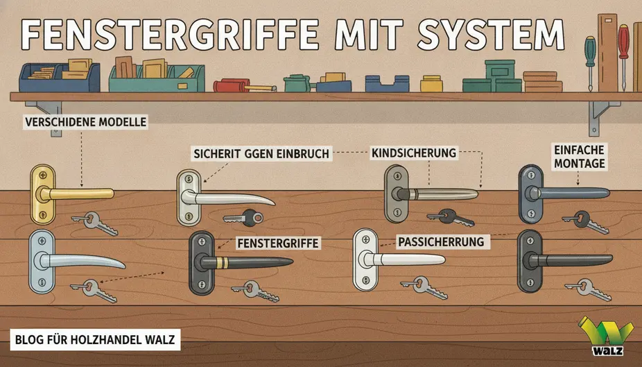 Schematische Darstellung eines Fensters mit abschließbarem Griff, Pilzkopfzapfen, Schließstück und markiertem Angriffspunkt beim Aufhebeln