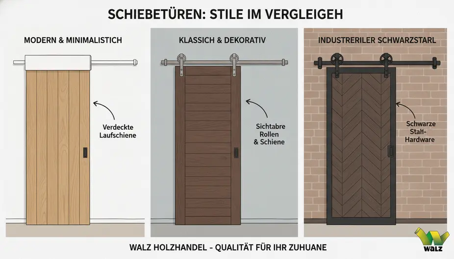 Aufbau einer vor der Wand laufenden Schiebetür mit Laufschiene, Rollenwagen, Türblatt, Bodenführung, Wandabstand und Laufweg
