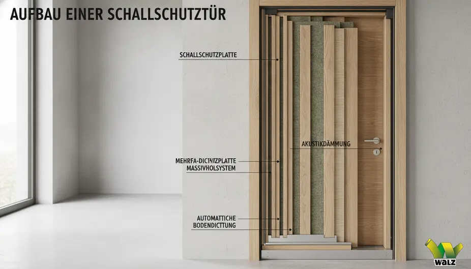 Entscheidungsbaum zur Auswahl einer Schallschutztür mit Startpunkt Einbausituation, Abzweigung Mehrfamilienhaus oder Einfamilienhaus, Raum hinter der Tür, Schallschutzklasse, Klimaklasse und Zusatzfunktionen
