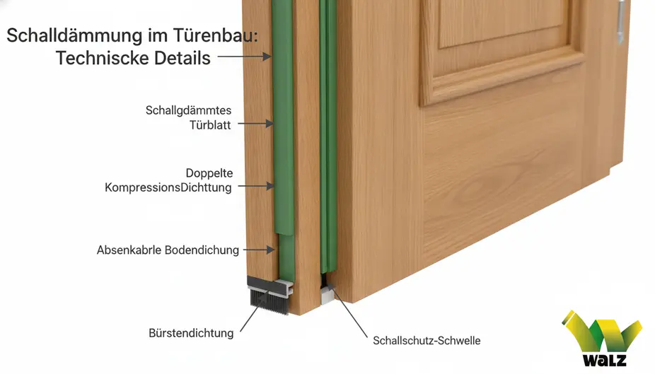 Nahaufnahme einer absenkbaren Bodendichtung an einer Schallschutztür