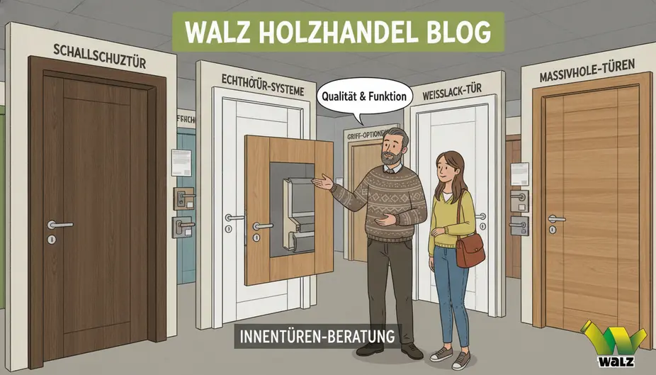 Schallschutztür in einem Mehrfamilienhausflur mit umlaufender Dichtung und absenkbarer Bodendichtung