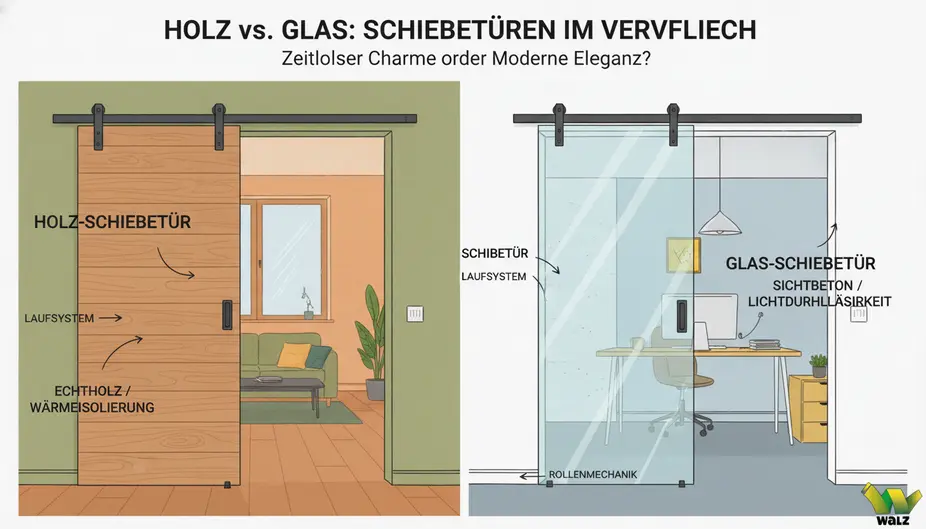 Vor der Wand laufende Schiebetür mit satiniertem Glas in einem hellen Flur, daneben eine Holztürvariante mit weißem Türblatt als Vergleich