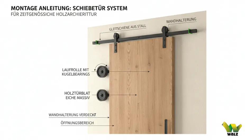 Monteur richtet eine Glas-Schiebetür vor einer gefliesten Wand aus