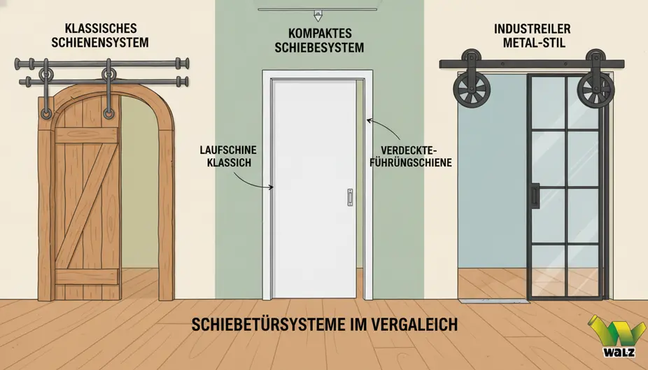 Prüfschema für eine vor der Wand laufende Schiebetür mit Öffnungsbreite, freier Wandfläche, Laufschiene, Fußleiste, Steckdose und Bodenführung