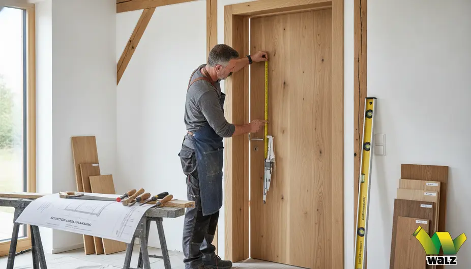 Weiße Holz-Schiebetür vor einer bestehenden Zarge im Flur