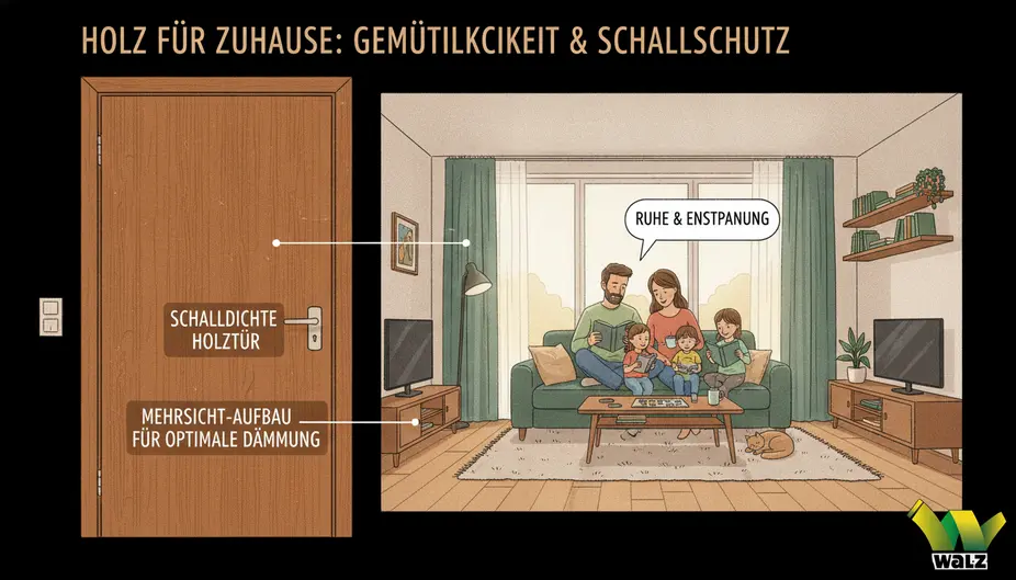 Schematische Darstellung eines Mehrfamilienhauses mit Treppenraum, Wohnungstür in Diele und Wohnungstür direkt in Aufenthaltsraum