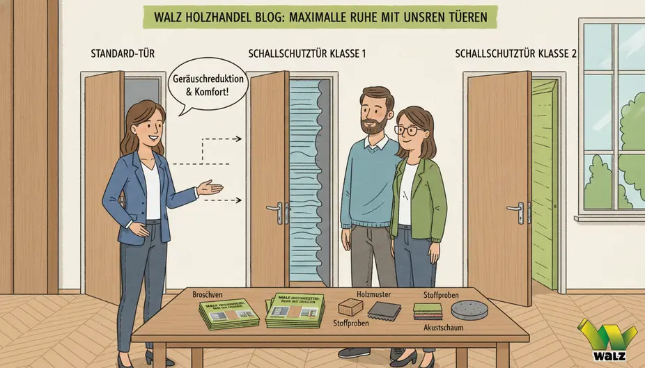 Schematische Darstellung einer Schallschutztür mit Türblatt, Zarge, Falzdichtung, Bodendichtung und Schallweg von der lauten zur leisen Seite