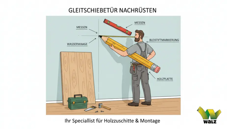 Schematische Draufsicht einer vor der Wand laufenden Schiebetür mit Türöffnung, seitlichem Aufschubbereich, Wandabstand, Bodenführung und möglichen Störpunkten wie Fußleiste, Lichtschalter und Steckdose
