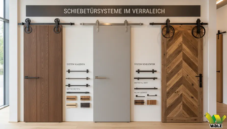 Vor der Wand laufende Holz-Schiebetür in einem Flur