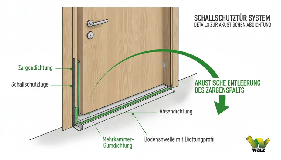 Detailaufnahme einer abgesenkten Bodendichtung an einer Schallschutztür