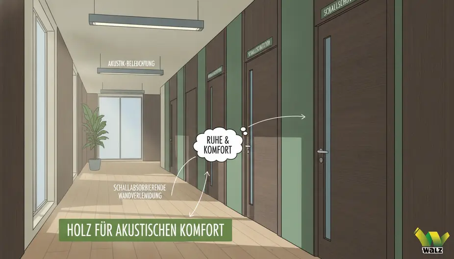 Schematische Darstellung einer Schallschutztür mit Türblatt, Zarge, umlaufender Dichtung, Bodendichtung, Wandanschluss und markierten Schallwegen