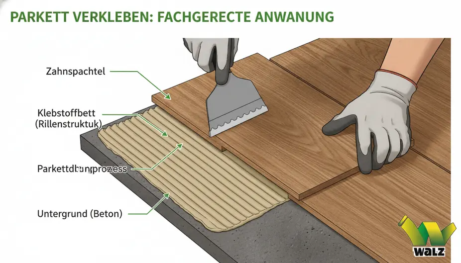 Querschnitt eines Parkettaufbaus mit Trittschalldämmung und Klicksystem